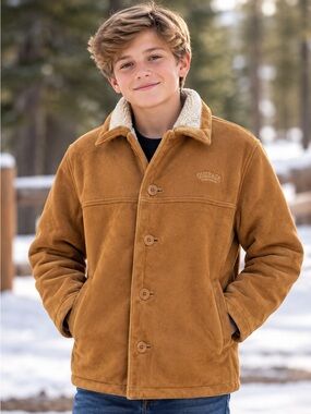 Outback Trading Plainsman Boys Jacket Youth L Tan Faux Suede Sherpa Lined